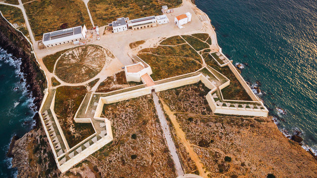Aerial view of Sagres Fortress at evening aerial view, Portugal