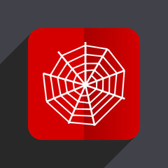 Spider web flat design white and red vector web icon on gray background with shadow in eps10.
