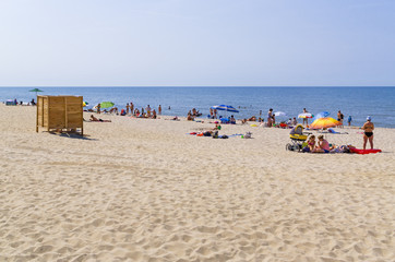 Fototapeta na wymiar YANTARNY VILLAGE, RUSSIA: Sandy beach on coast of Baltic Sea
