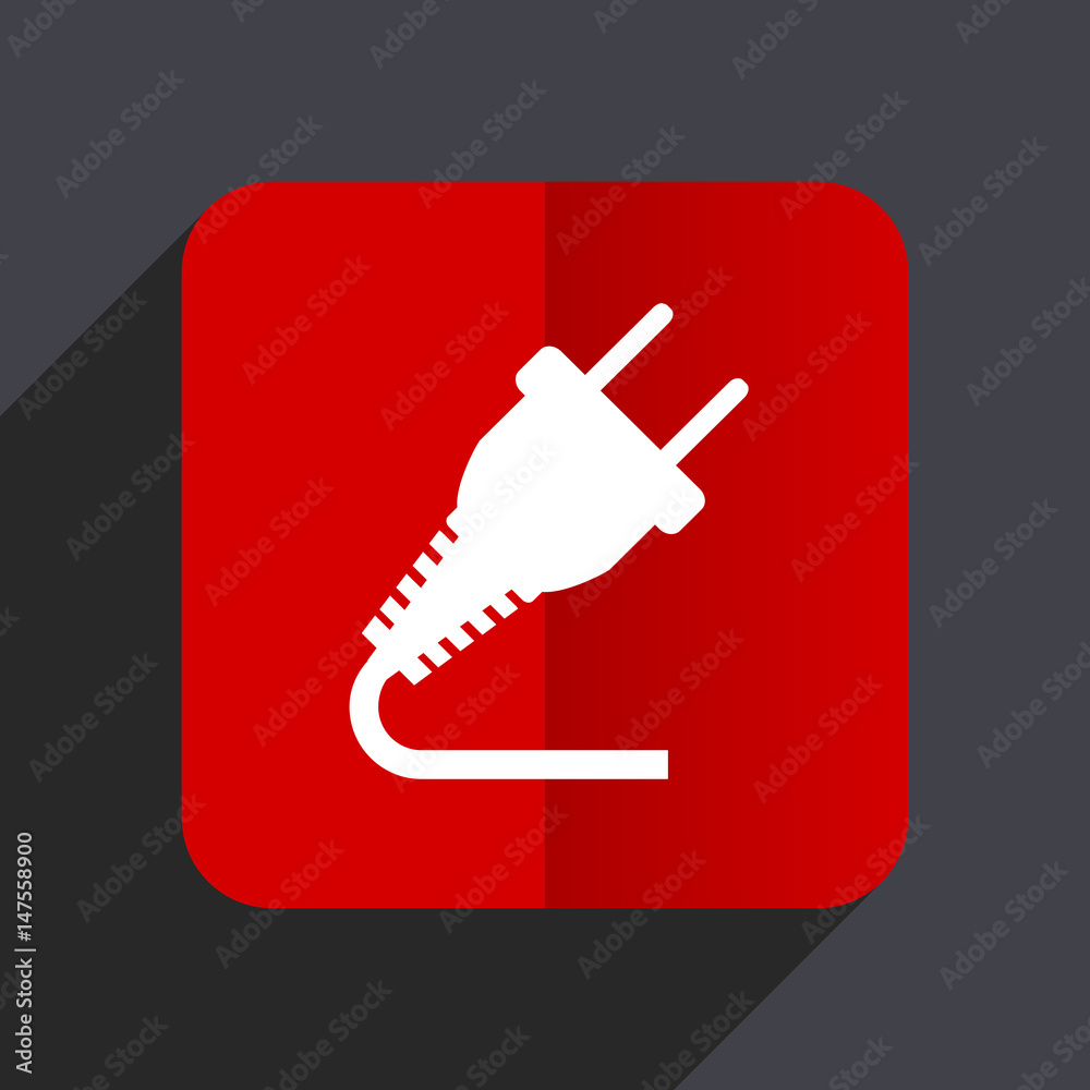 Poster Plug flat design white and red vector web icon on gray background with shadow in eps10.