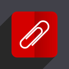 Paperclip flat design white and red vector web icon on gray background with shadow in eps10.