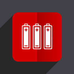 Battery flat design white and red vector web icon on gray background with shadow in eps10.