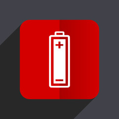 Battery flat design white and red vector web icon on gray background with shadow in eps10.