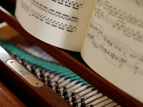 Sheet music and piano strings, close up