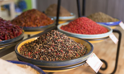 colored pepper in spice shop