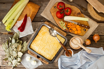 Shepherd's pie traditional english dish. Top view. Dinner table