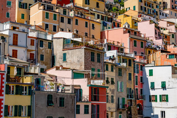 View of the colorful city of Riomaggiore in the gulf of the five lands in Italy