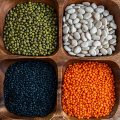 Fototapeta premium black quinoa, red lentils, mung bean, white bean 