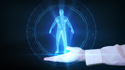 Businessman is holding a human hologram in his hand