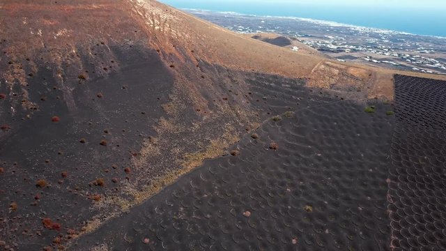 Flying over wine valley of La Geria, Lanzarote, Canary islands, Spain