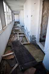 Abandoned dirty demolished building, one of hotels in Kupari complex near Dubrovnik city