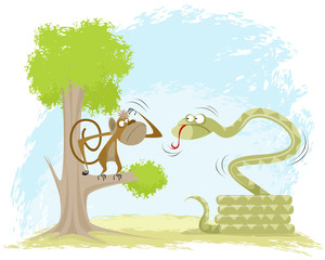 Obraz na płótnie Canvas Monkey hangs on snake