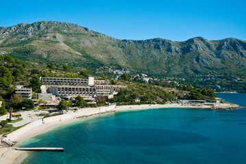 Abandoned dirty demolished building, one of hotels in Kupari complex near Dubrovnik city