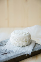 Fresh Cottage Cheese On Wooden Background, Close Up