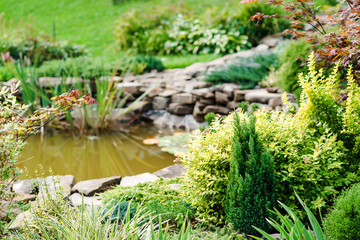 Naklejka na ściany i meble Beautiful landscaping in home garden.