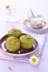 Pistachio Muffins on purple plate, on light purple background.