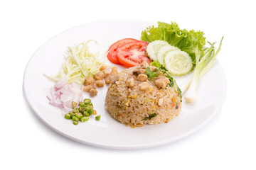 Fried rice egg prawn salted fish kampong in wok at market food stall