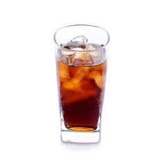 Cold Cola with ice in a sweaty glass on white background