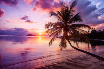 Schöner heller Sonnenuntergang an einem tropischen Paradiesstrand