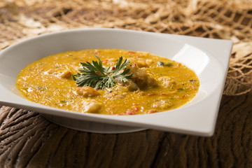 shrimp bobo - a Brazilian dish of shrimp in a pure of manioc meal and coconut milk. Bobo de camarao.