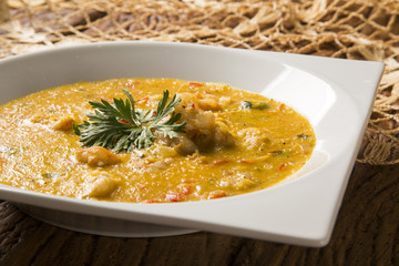 shrimp bobo - a Brazilian dish of shrimp in a pure of manioc meal and coconut milk. Bobo de camarao.