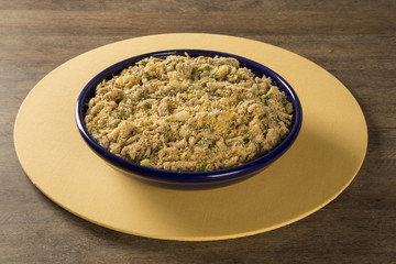 Farofa - toastef manioc flour and pork - traditional Brazilian side dish.