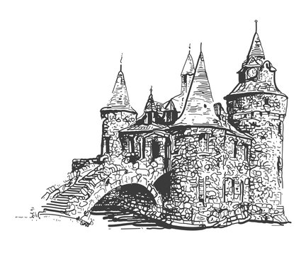 Medieval castle drawing sketch. Vector 
