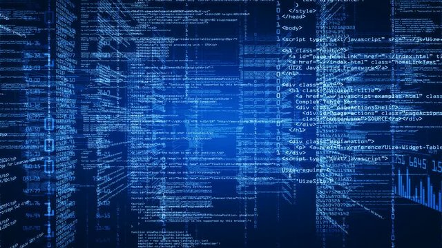 The camera moves through parts of the source code. Computer program code in virtual space. Available in multiple color options. Blue version. Seamless loop. 4K