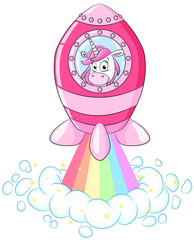 Niedliches Einhorn in Regenbogen-Rakete Vektor Illustration