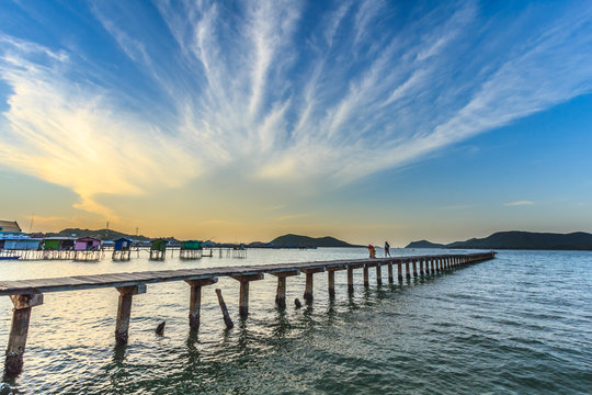 Beautiful sky and wooden bridge pier with twilight sky at morning time