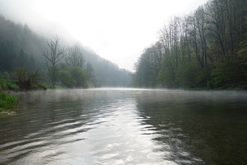Fototapeta premium Flusslandschaft am Doubs im Morgennebel