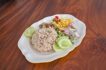 Rice Mixed with Shrimp paste on wood background