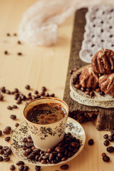 Breakfast with cup of coffee and chocolate cake