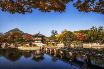 Fototapeta na wymiar hyangwonjeong pavilion taken during autumn season. during fall foliage. In Gyeongbokgung palace in seoul, south korea