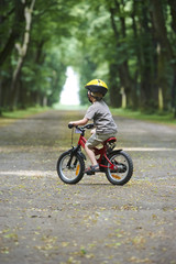 Fototapeta premium Child boy on a bicycle in the forest in summer. Boy cycling outdoors in safety helmet.