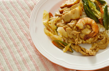 spicy stir fried shrimp and pork with sweet long chili on rice