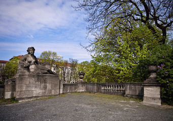 Munich, Germany mythological statue of Schwaben decorating Luitpold bridge stonework on the Isar...