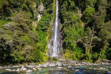 Thunder Creek Falls is located in Mt Aspiring National Park, along HAAST Highway in south island of New Zealand