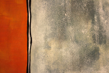 Close up of a simple, hand painted abstract painting. Contemporary orange and green textured background. Photograph.