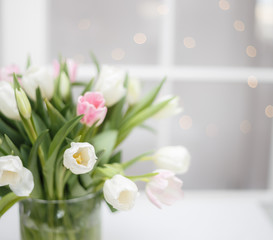 Bouquet of tulips. Romantic background.