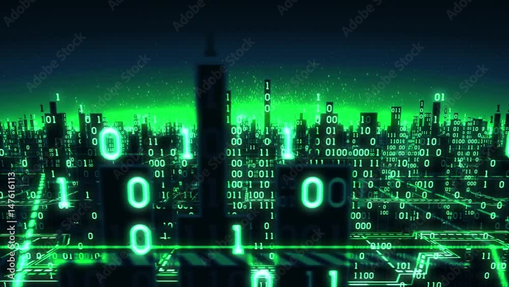 Poster aerial view of abstract futuristic digital city, a high-tech background with binary arrays connected