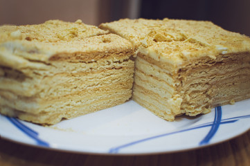 Homemade honey cake lies on a plate on a bamboo napkin. Close-up, selective focus.