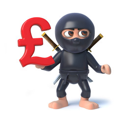 3d Funny cartoon ninja assassin character holds UK Pounds sterling symbol, © Steve Young