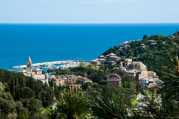 Obraz premium panorama of small town Arenzano in Liguria with its harbor and famous church 'Gesù Bambino di Praga' in the background