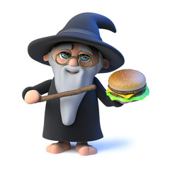 Obraz premium 3d Funny cartoon wizard magician character holding a beef burger