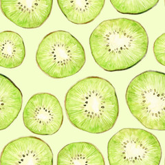 Fototapeta premium Watercolor seamless pattern with kiwi slices. Repeating green fruit background