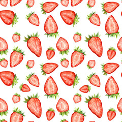 Watercolor seamless pattern with strawberry slices isolated on white. Berries repeating background.
