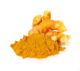 turmeric roots and turmeric powder on white background