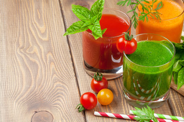 Fresh vegetable smoothie. Tomato, cucumber, carrot