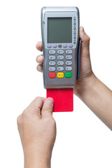 Hand holding credit card swipe through terminal for sale isolated on white